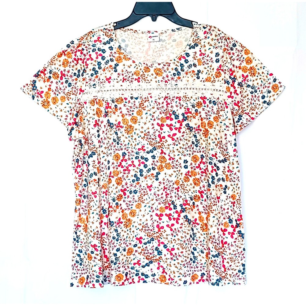 WINHOLL Women's XL Multicolor Floral Knit T-Shirt Lace Accent Round Neck Stretch